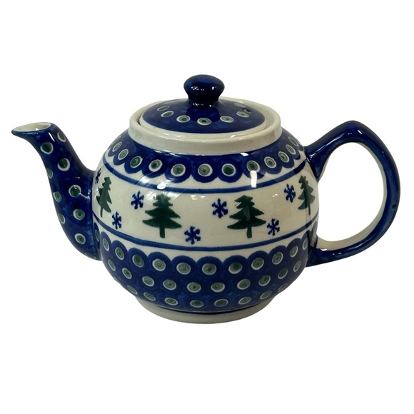 Boleslawiec Polish Pottery Teapot with Lid Pine Trees Snowflakes Poland EUC - Picture 2 of 10